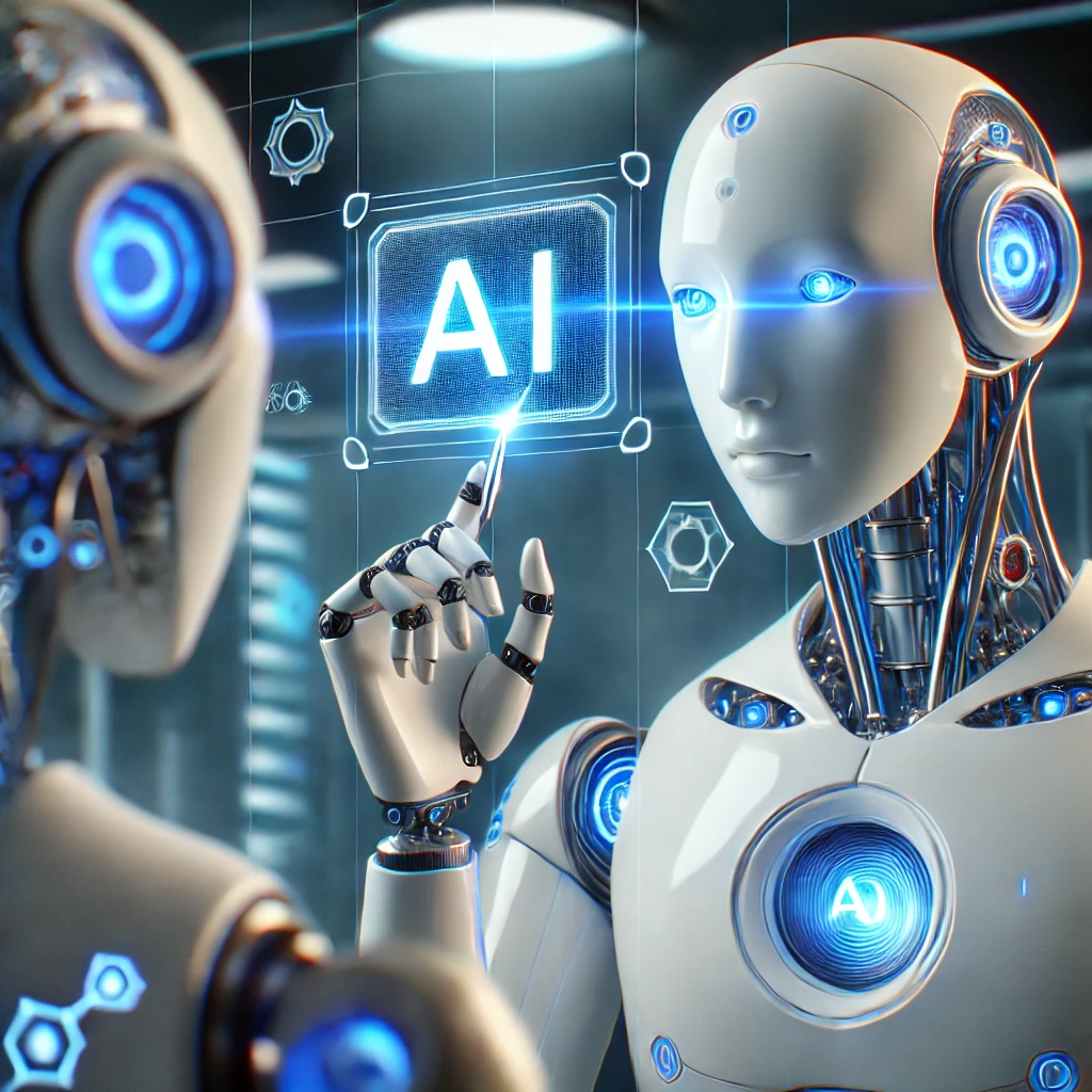 The scene is high-tech, with glowing holographic interfaces and a sleek, En el ámbito audiovisual, productores de vídeos promocionales o creadores de contenido para redes sociales que usen IA